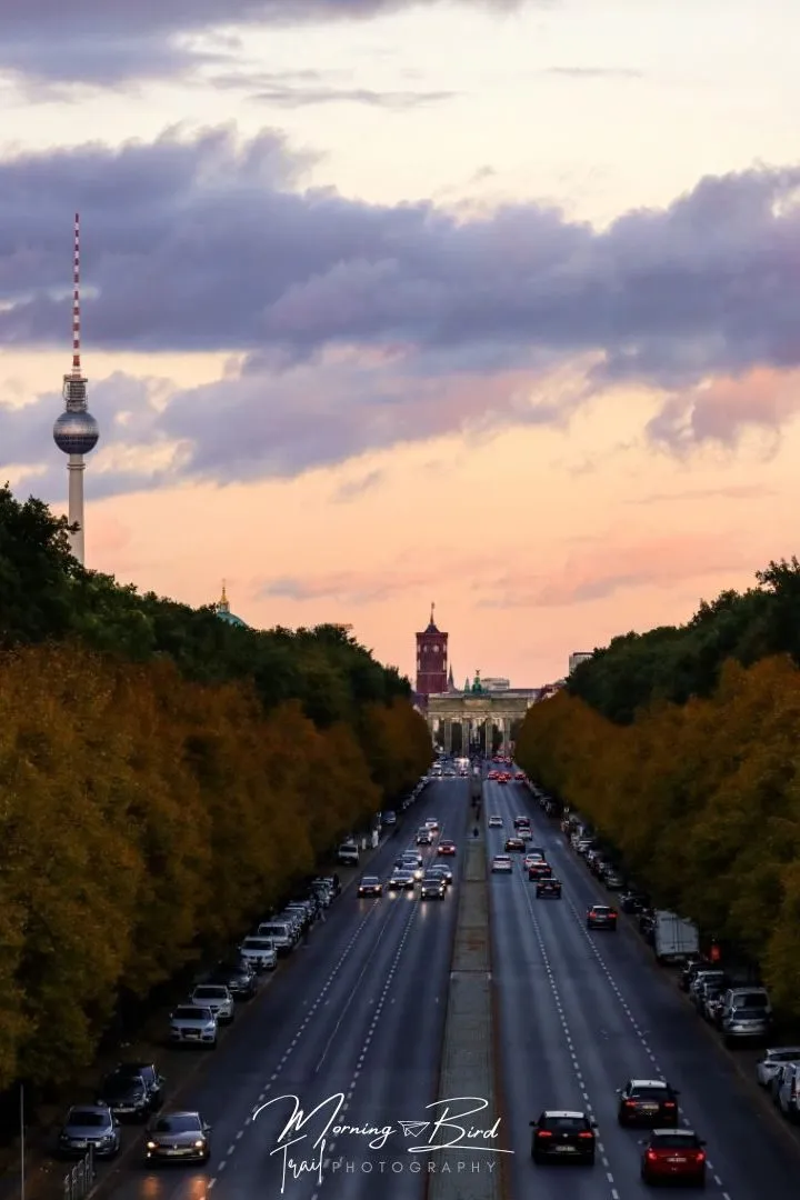 Berlin sunset from Victory Column looking at TV tower, Brandenburg Gate and Rotes Rathaus. 